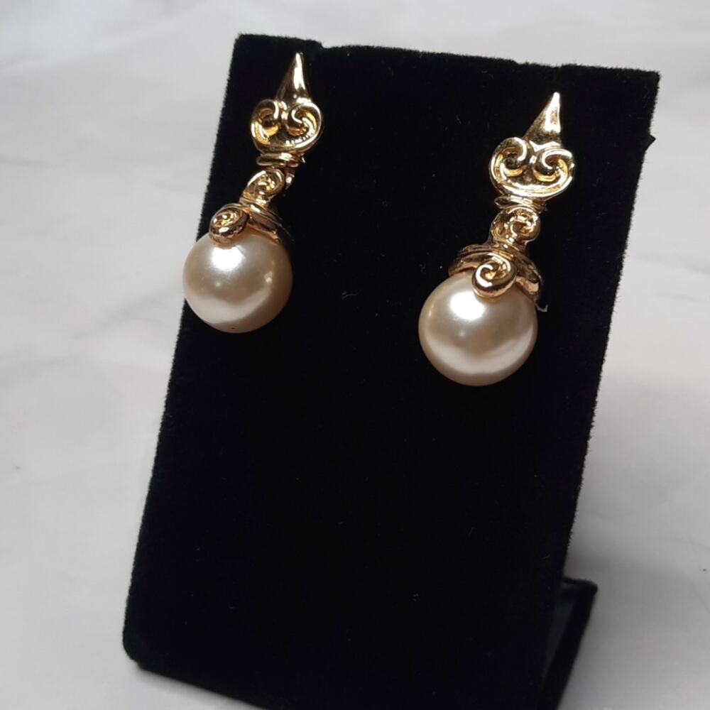 Gold-Tone and Pearlescent Bead Dangle Earrings